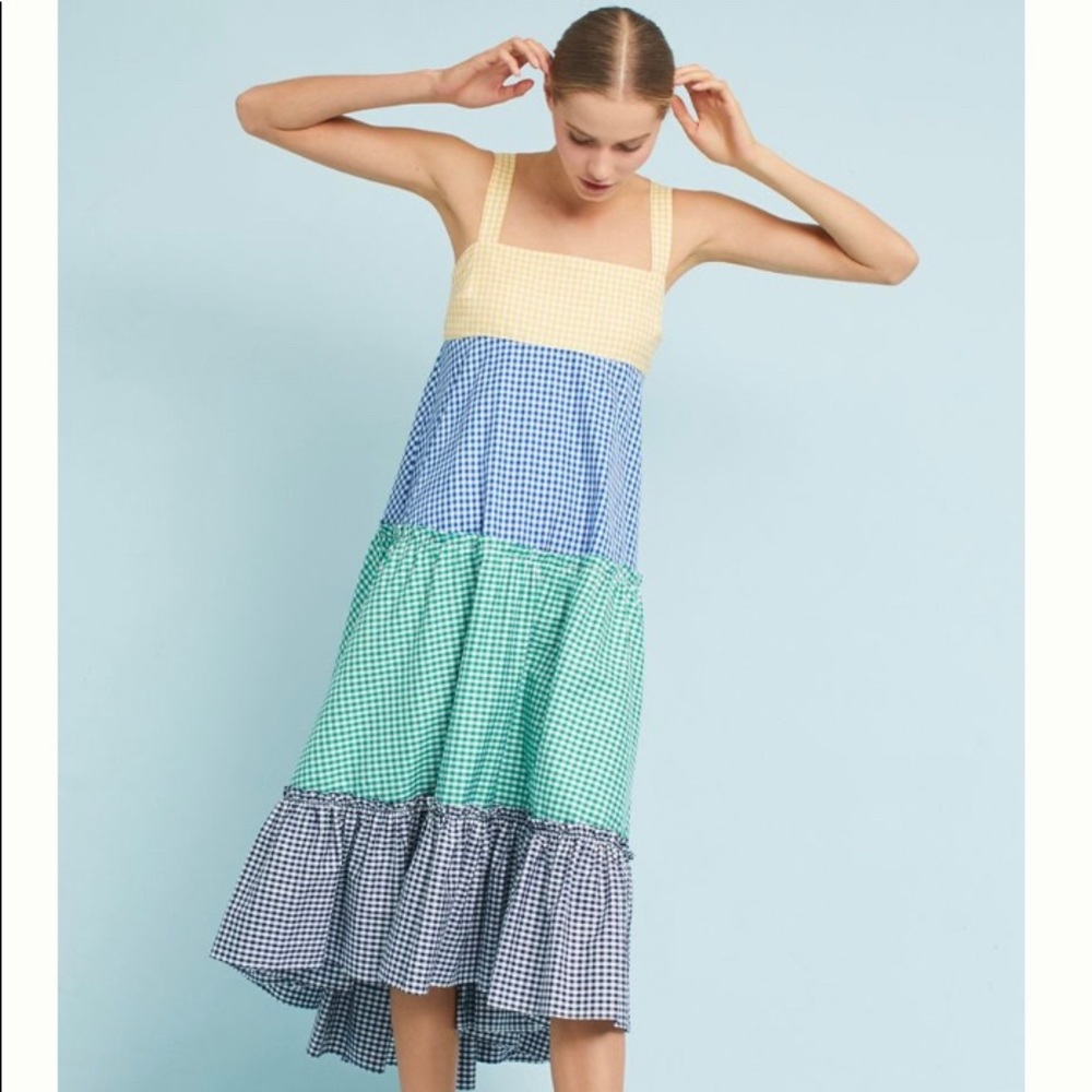 EUC-MDS Stripes Gingham Tiered Maxi